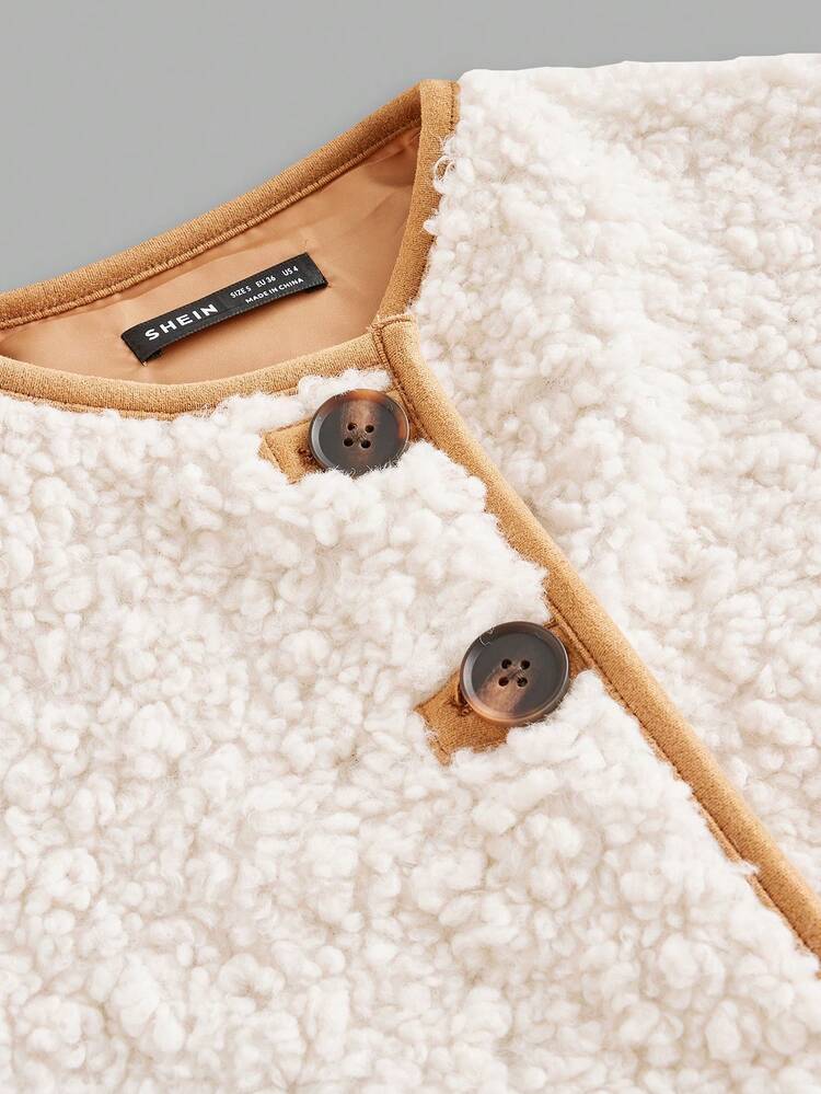 SHEIN Maija Women's Plain Single-Breasted Loose Fit Faux Shearling Jacket, Autumn/Winter