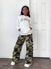 2pcs Tween Girl Letter Pattern Hooded Pouch Sweatshirt & Camouflage Jogger Pants Set, Casual - Army Green - View 5