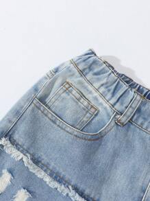 SHEIN ChillGRL 适合少女的涂鸦破洞阔腿牛仔裤，宽松男友风牛仔裤