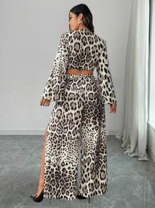 Flirla 2pcs Plus Size Women Leopard Print Tie Front Long Sleeve Cropped Top And Wide Leg Pants Fashion Set, Fall - Multicolor - View 2