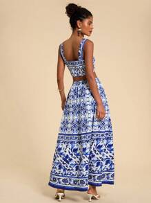 Travachic 度假编织印花短款上衣和长款女式裙子，秋装，两件套秋装，女士两件套，女士裙子套装，女士套装 - 藍色 - 查看 2