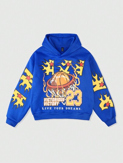 Street Life sweat-shirt à capuche décontracté ample à manches longues avec imprimé de lettre et de basket-ball, style de rue