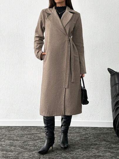 SHEIN Tall Women's Tall Double-Breasted Cinched Waist Long Overcoat