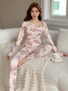 DAZY 花卉印花不对称领口设计修身睡衣套装 - 咖啡棕 - 查看 5