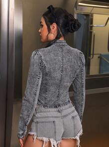 SHEIN EZwear Women Front Button Closure Solid Color Hollow Out Fitted Long Sleeve Denim Jacket