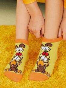 GARFIELD X SHEIN 2 Pairs Cute Colorblock Cartoon Pattern Kids Short Cotton Socks
