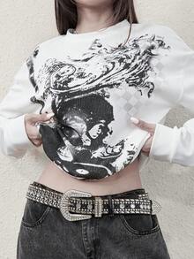 女款 Cyber Y2K 时尚潮流街头 Y2K 独特印花圆领长袖 T 恤