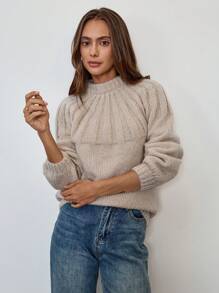 Giddy West Giddy West 1pc Women Casual Everyday Solid Color Round Neck Loose Knit Sweater, Autumn/Winter, Knit Pullover Fall - Apricot - View 4