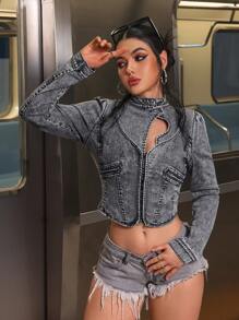 SHEIN EZwear Women Front Button Closure Solid Color Hollow Out Fitted Long Sleeve Denim Jacket