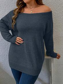 Calvaya Plus Size Casual Solid Color Off Shoulder Drop-Shoulder Loose Pullover Sweater Winter Fall Autumn - Baby Blue - View 3