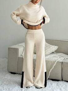 SHEIN Unity 2pcs Elegant Knitted Set: Contrast Color Trim Turtleneck Sweater And Pants - Multicolor - View 1