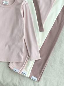 SHEIN LMoss Kids Set da 6 pezzi per ragazze giovani, composto da top a maniche lunghe e collo rotondo aderente e leggings con ricamo a lettere, morbido e caldo per l autunno/inverno, ideale per uso quotidiano e pigiama
