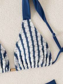 Women Textured Striped Fabric Thick Strap Sexy Bikini Set Summer