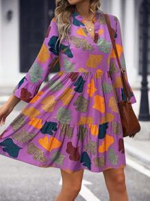 SHEIN LUNE Autumn Casual Ginkgo Leaf Print Off-Shoulder Bell Sleeve Dress