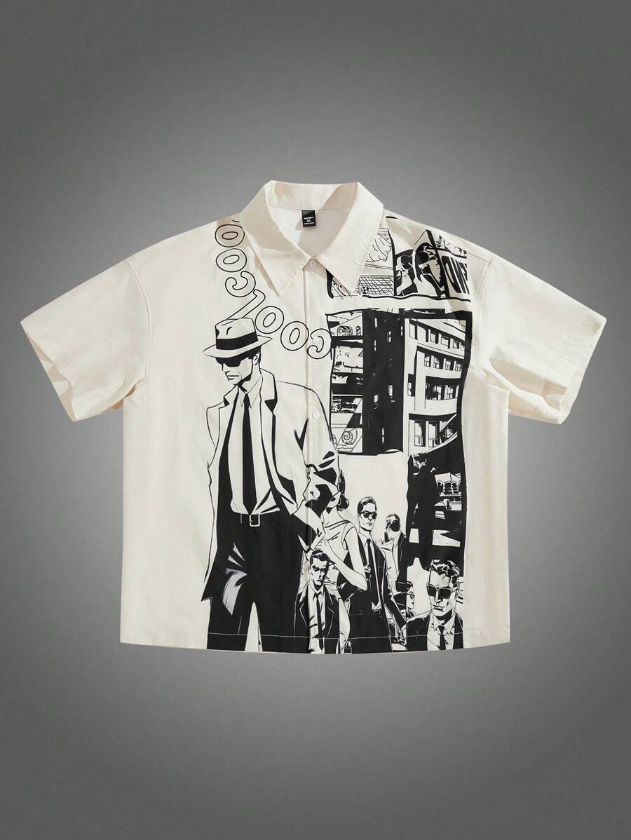 Manfinity VCAY Plus Size Men's Casual Loose Anime Character & Architecture Graphic Print Street Wear Short Sleeve Woven Shirt, For Going Out