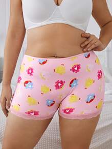 Mr Men Little Miss X SHEIN Pantis tipo hipster con panel de encaje y estampado completo para mujer de talla grande