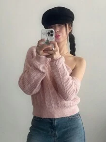 DAZY 1件女款大尺寸斜肩寬鬆羅紋針織毛衣，秋季校園穿搭服飾 - 粉色 - 查看 7