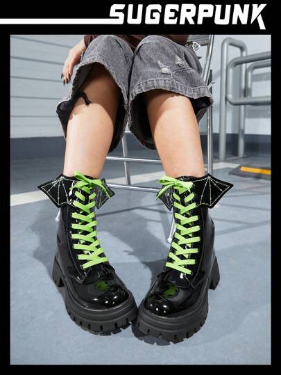 Sugerpunk Botas de plataforma de estilo motero brillante para mujer y botines cortos para Halloween y otoño