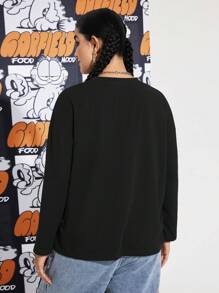 GARFIELD | SHEIN Camiseta negra informal de manga larga, cuello redondo y hombros caídos con gráfico de texto de dibujos animados para mujer talla grande, otoño - Negro - Ver 6