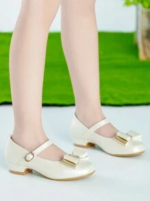 优雅香槟色蝴蝶装饰玛丽珍高跟鞋，适合儿童搭配户外派对礼服