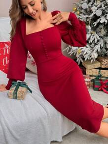 Firerie Đầm midi tay bồng màu đỏ thanh lịch cho nữ đi làm - Đỏ - Xem 8