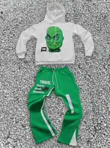 Manfinity EMRG Men Monster Pattern English Print Fashion Hoodie And Sweatpants Splice Tracksuit Set , Men Two Pieces Outfits , Men Tracksuit - Multicolor - View 1