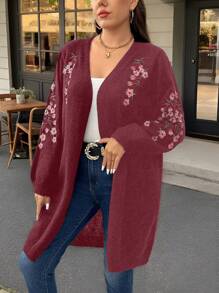 SHEIN Clasi 大码休闲花卉刺绣前开宽松开衫，适合秋冬季 - 酒紅色 - 查看 1