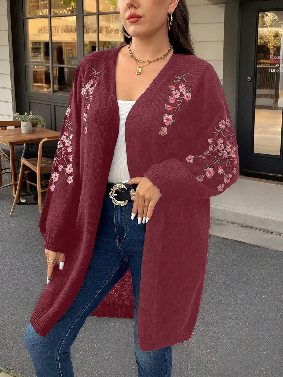 SHEIN Clasi 大码休闲花卉刺绣前开宽松开衫，适合秋冬季 - 酒紅色 - 查看 1