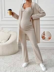 SHEIN Maternity Front Twisted Camisole And Flared Pants With Jacket Outfit, Casual For Autumn - Khaki - View 3