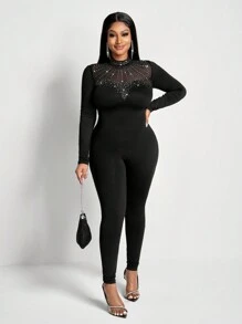 Slaydiva New Sexy And Gorgeous Small Stand-Up Collar Mesh Stitching Hot Diamond Heart Stitching Slim Long-Sleeved Trousers Women's Tight Jumpsuit - Black - View 7
