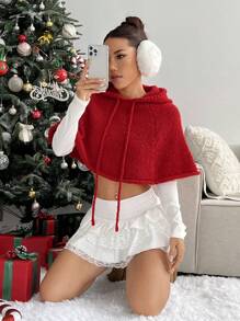 Lunelith SHEIN Lunessa Christmas Casual Solid Color Hooded Cropped Poncho Sweater