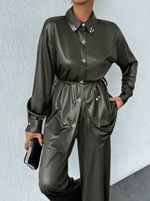 EURMUSE Embellishment Detailed Elegent Two Pieces Set - Khaki - View 5