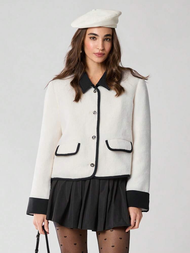 New Autumn Winter Products,Women's  Lapel Long Sleeve  Elegant Contrast Trim Front Button Jacket, Autumn Winter,Fall Winter Women's Clothing,Fall Women Outfits,Winter Clothes,Winter Women Coat,Cold Weather Clothes,Christmas Women Clothes,New Years Coat