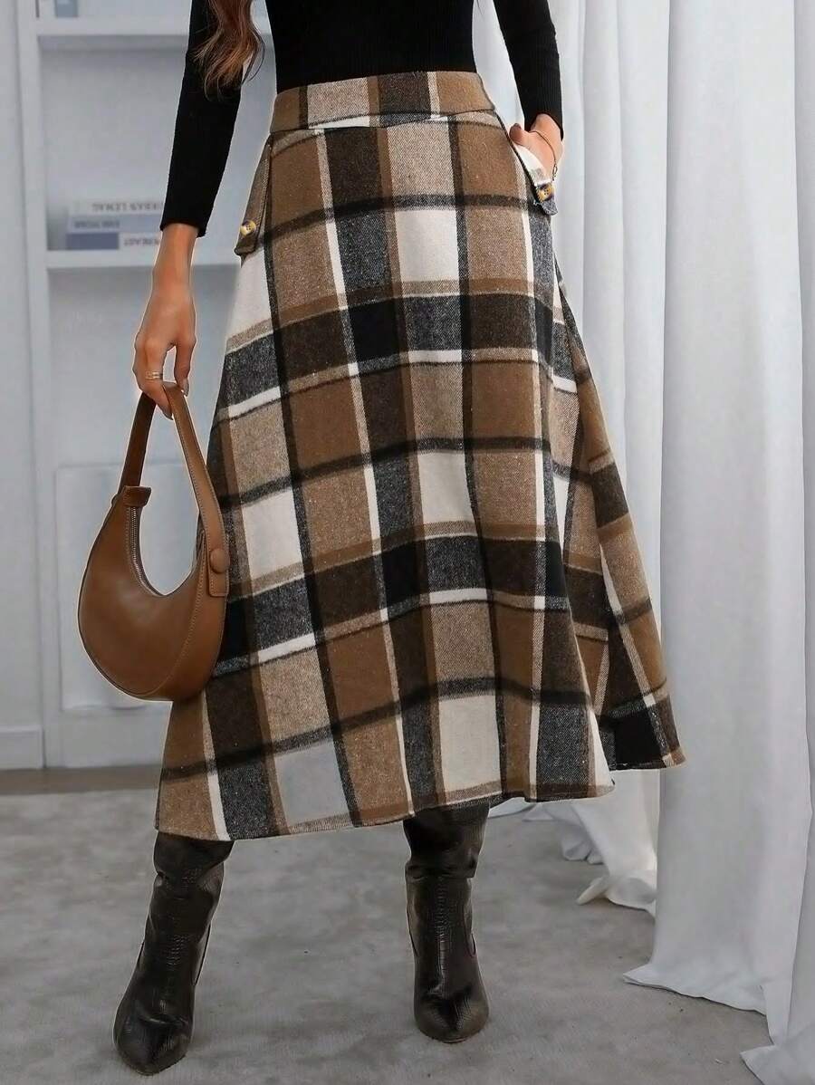 SHEIN Clasi Plaid Pocket Simple Knee-Length Skirt, Casual Everyday Wear