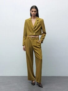 Maija Women's Casual Solid Color Double-Breasted Cropped Blazer Jacket, Autumn - Mustard Yellow - View 5