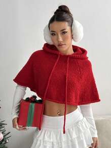 Lunelith SHEIN Lunessa Christmas Casual Solid Color Hooded Cropped Poncho Sweater