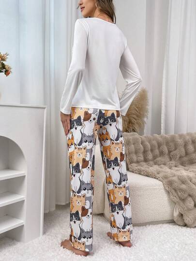 Schattige Cat Print Women Pajama Set, Fall Clothes Cozy Elegante view 2