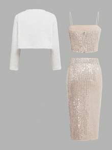 SHEIN 青少年女孩毛绒夹克，优雅亮片细肩带褶皱开衩迷人派对服装套装，香槟色，2 件套，秋季和圣诞派对 - 杏色 - 查看 2