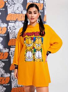GARFIELD | SHEIN 大码可爱休闲卡通字母图案宽松橙色连帽衫连衣裙，秋季 - 黃色 - 查看 4
