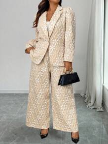 Franclia 2pcs Plus Size Women Floral Jacquard Lapel Long Sleeve Jacket And Wide Leg Pants Casual Set For Autumn