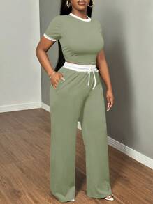 SHEIN SXY Summer 2pcs Contrast Color Trim Round Neck Short Sleeve Top And Drawstring Pants Setfall Clothes Women - Mint Green - View 7