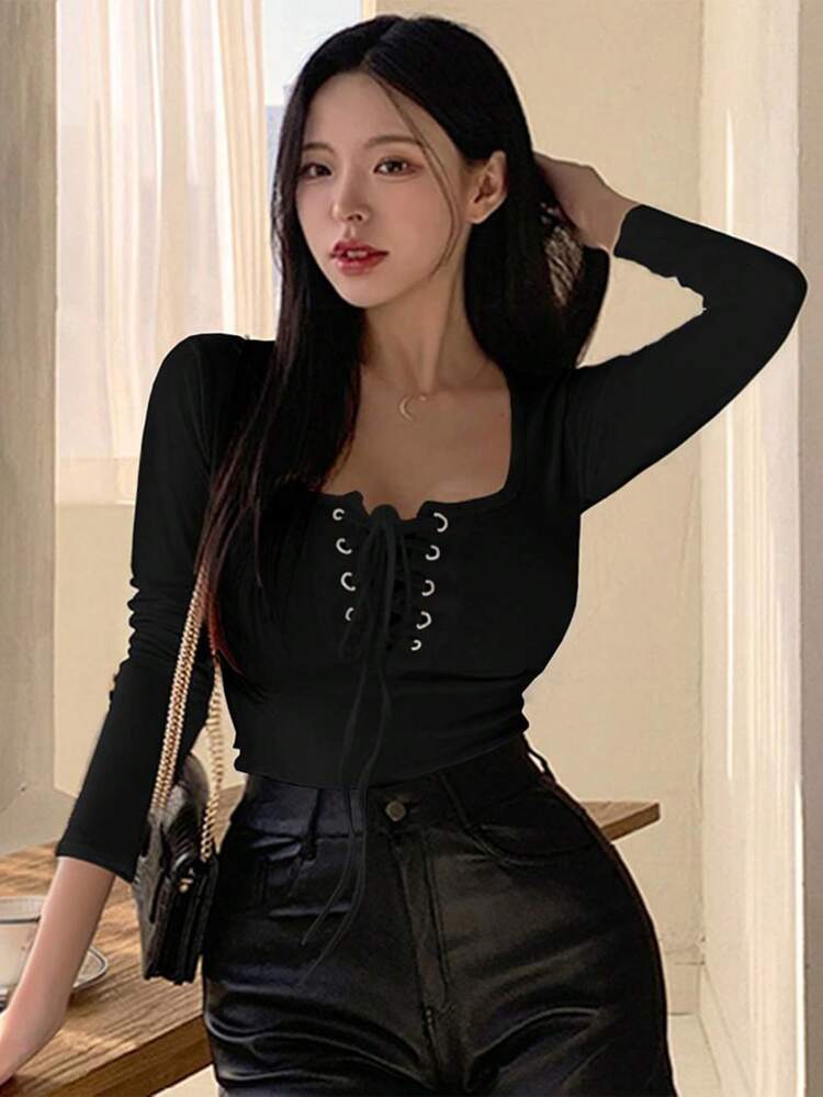 Women's Solid Color Tie Front Long Sleeve T-Shirt, For Casual Everyday Wear In Autumn,Fall Women Clothes