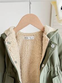 SHEIN 男女通用婴儿保暖内衬连帽实用夹克，带口袋，休闲长外套，适合日常穿着 - 軍綠色 - 查看 7