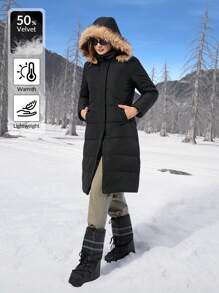 SHEIN EZwear 女士连帽口袋蓬松拼接长袖羽绒夹克，冬季