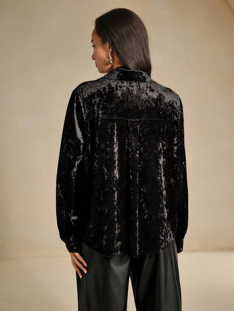 1pc Women Solid Color Velvet Feel Lapel Elegant Long Sleeve Blouse