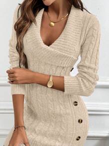 Xyvia Collared Knitted Long Sleeve Comfy Sweater Dress Fall Winter Cloth For Women - Apricot - View 5