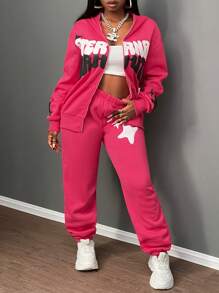 Slaydiva 秋冬新款休闲街头连帽拉链长袖露肩立体印花口号Logo星星卫衣打底裤长裤玫红色天鹅绒运动衫套装女卫衣 - 玫紅色 - 查看 6