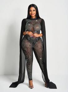 Slaydiva Neue sexy und wunderschöne Jumpsuit für Damen mit kleinem Stehkragen, ärmelos, komplett mit Strass, Cape, körperbetonter Passform, mesh-durchsichtig - Schwarz - Übersicht 7