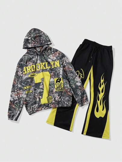 Street Life 2 pezzi Set di felpa con cappuccio e pantaloni con stampa di lettere da uomo, abbigliamento casual