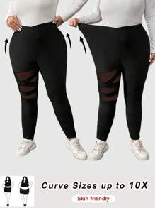 SHEIN CURVE+ 大码女式纯色基本款日常紧身裤 - 黑色 - 查看 6